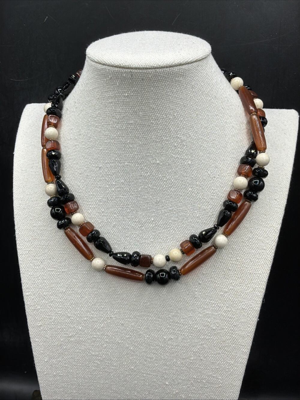 Barse Safari Beaded Necklace- Quartz, Horn & Black Onyx-Bronze- NWT